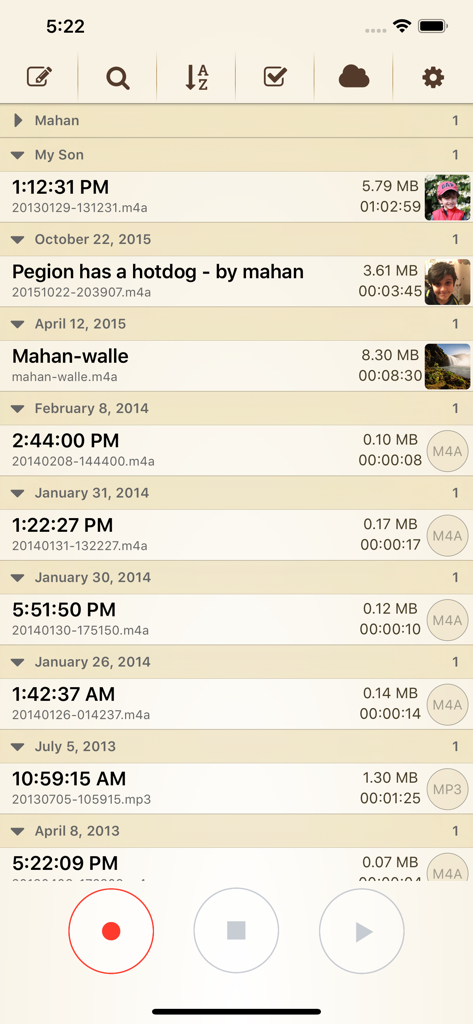 Interface of Voice Record Pro 7 Full showing a chronological list of voice recordings and file management options.