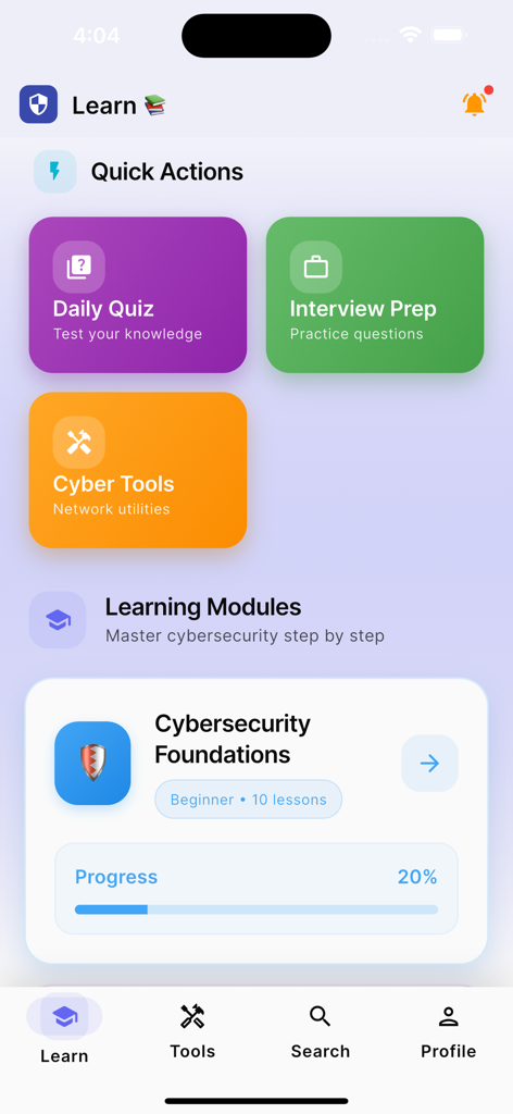 CyberLearn Pro App-Oberfläche mit Schnellaktionsschaltflächen für tägliche Quizze und Interviewvorbereitung mit einer Kursfortschrittskarte für Grundlagen der Cybersicherheit