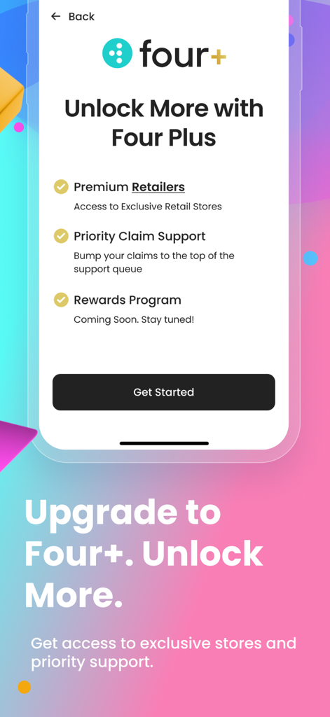 Four | Buy Now, Pay Later - Tela de assinatura Four Plus mostrando acesso a varejistas premium e benefícios de suporte prioritário