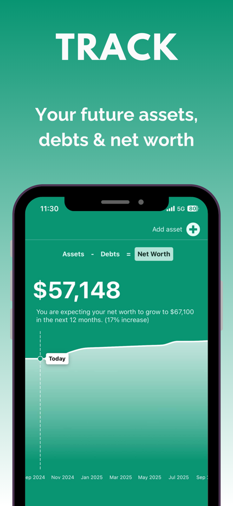 Bonfire: Budgeting - Bonfire Budgeting app interface showing net worth tracking and future growth projections