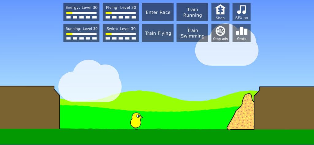 Duck Life 1 - A yellow duckling on a green field with a menu showing training levels for running swimming and flying