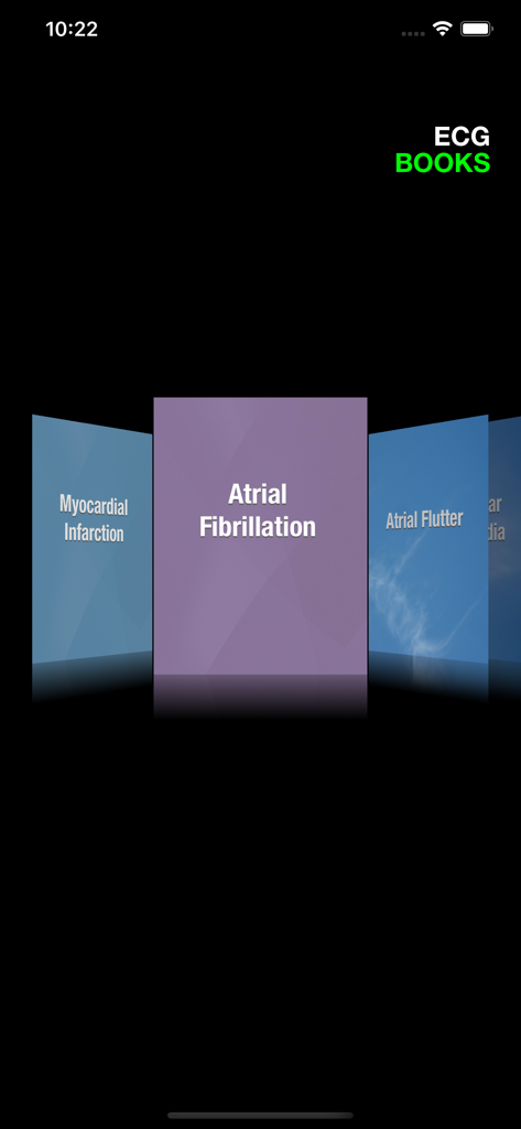 ECG Books Pro - Main menu of the ECG Books Pro app showing a carousel of cardiovascular condition books including Atrial Fibrillation and Myocardial Infarction.