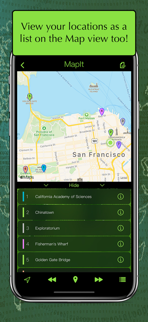 MapIt - Map Multiple Locations - MapIt app display featuring a map of San Francisco with multiple colored pins and a corresponding list view of locations