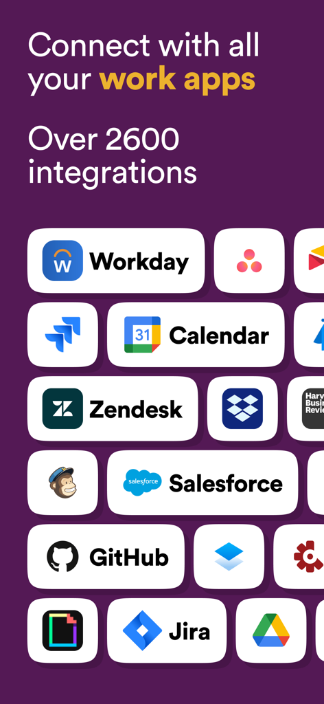 Slack for EMM screen showing integrations with over 2600 work apps including Workday Salesforce and Jira