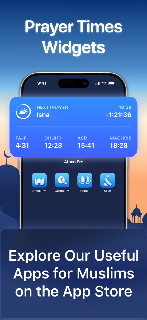 iPhone displaying a prayer times widget and multiple Muslim utility apps on the home screen