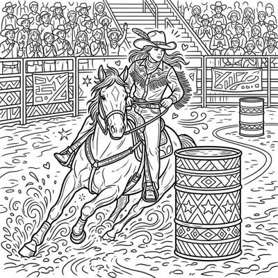 Capture the excitement of the rodeo with this thrilling barrel racing coloring page featuring a determined cowgirl and her powerful horse. This full scene design offers an engaging challenge for all coloring enthusiasts.