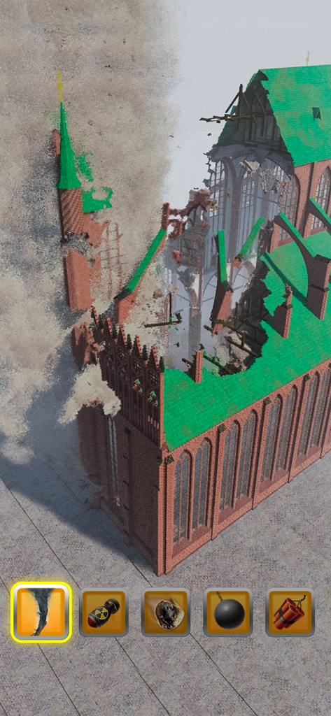 A tornado demolishing a large gothic building with a green roof in the City Demolish physics simulation game.