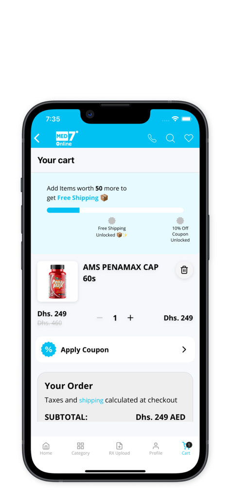 MED7 Online - MED7 Online app shopping cart with a health supplement and order subtotal