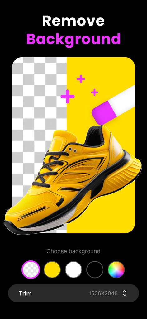 Magic Eraser: Remove Objects - Interface of the Magic Eraser app showing the background removal feature on a yellow sneaker for product photography.