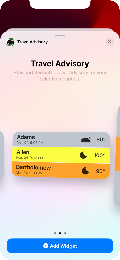 Travel Advisory - Travel Advisory app widget showing weather and travel status for Indiana counties