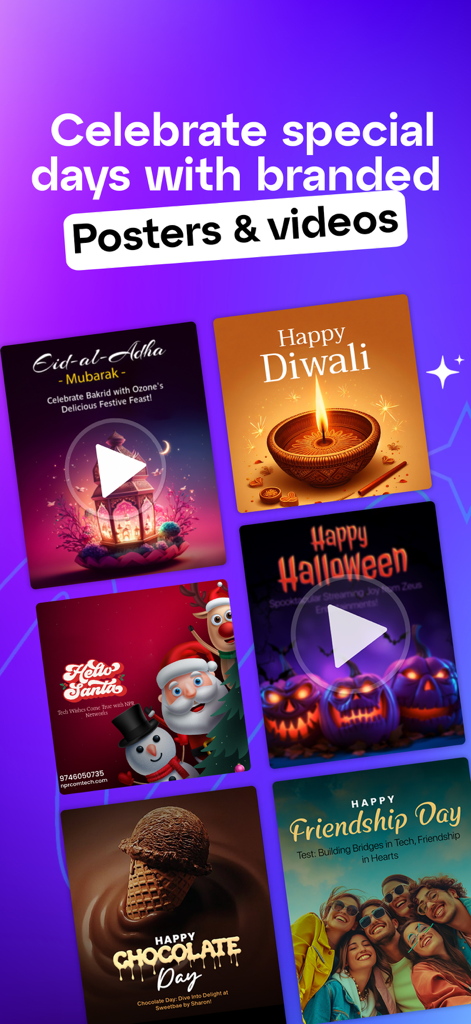 Wizad: AI Posters and Videos - Una colección de pósters y vídeos con marca generados por IA para ocasiones especiales como Diwali, Navidad y Halloween.