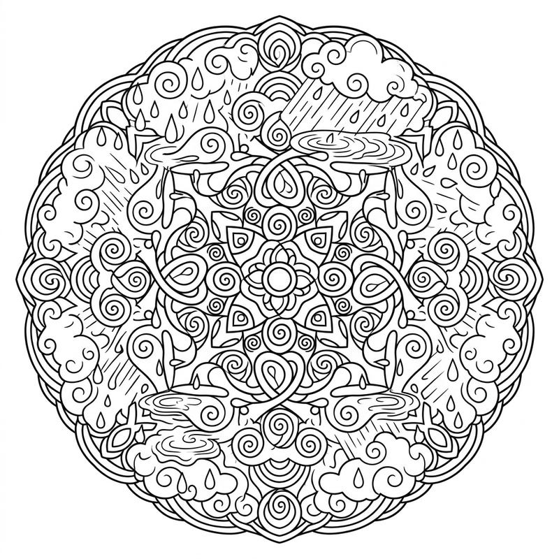 Embrace the serene beauty of a rainy day with this exquisite mandala spirals coloring page. Its intricate design, featuring swirling clouds and gentle raindrops, offers a perfect escape for mindful coloring.