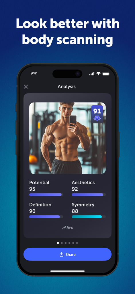 Análisis de escaneo corporal con IA con clasificaciones de físico para potencial y estética