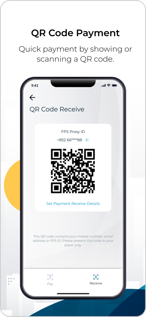 Fubon+ HK - Fubon plus HK mobile banking app interface showing QR code payment and FPS receive screen