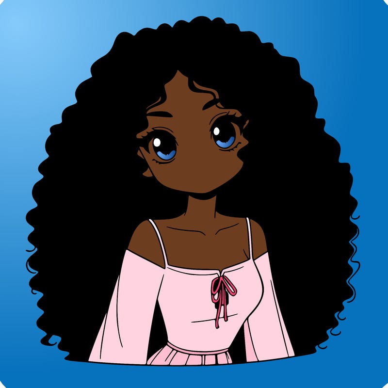 a black anime girl with long afro hair
