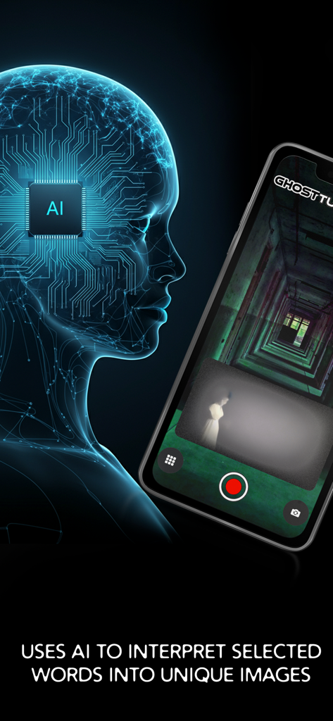 GhostTube SEER app interface showing AI interpretation of words into unique paranormal images