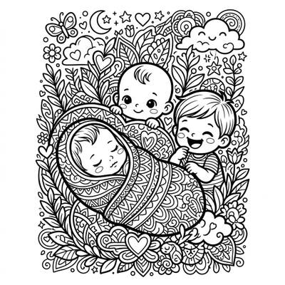 Immerse yourself in the tender world of infancy with this beautifully detailed coloring page for adults. Featuring adorable babies surrounded by intricate natural motifs, it's perfect for relaxation and creative expression.