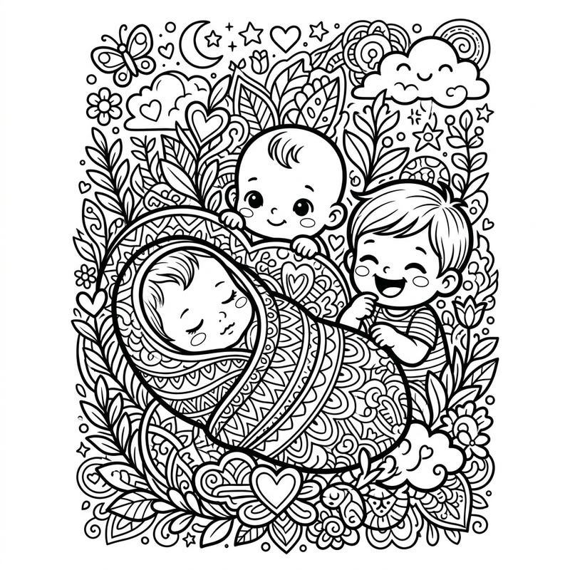 Immerse yourself in the tender world of infancy with this beautifully detailed coloring page for adults. Featuring adorable babies surrounded by intricate natural motifs, it's perfect for relaxation and creative expression.