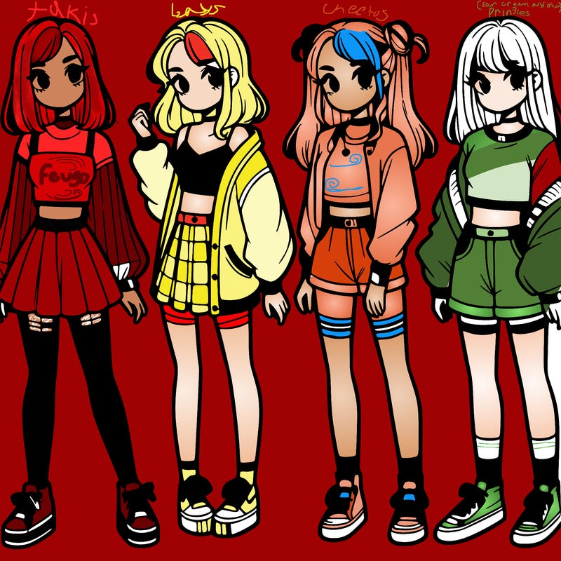 one girl with crop-top shirt and a jacket with a skirt, long socks and another girl with a shirt and pants with a jacket