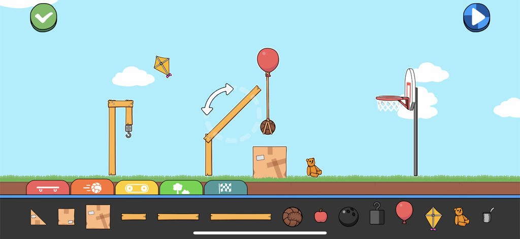 Nivel interactivo de construcción y rompecabezas de física en la aplicación infantil Alfie Atkins