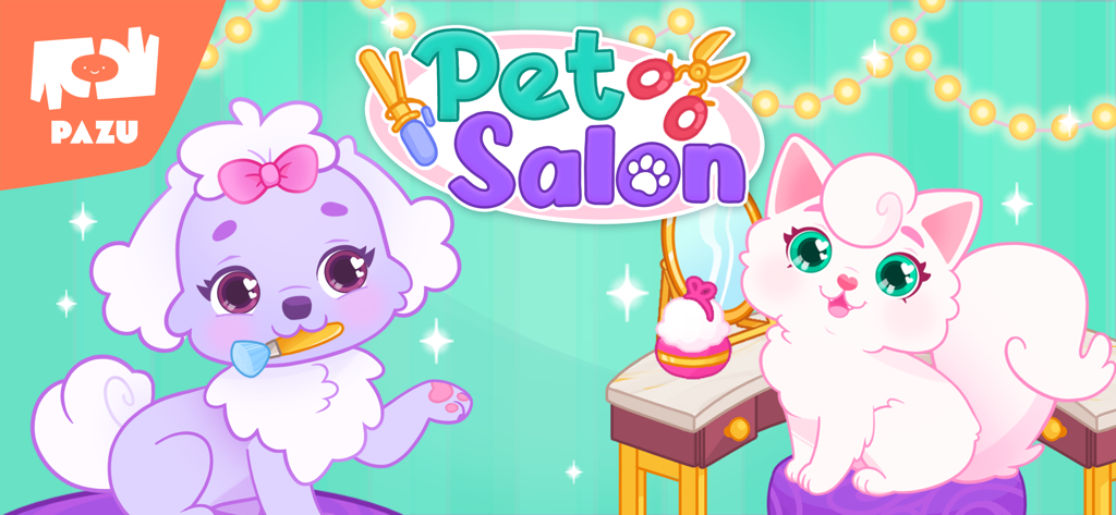 Écran titre du jeu mobile Pet Salon avec un adorable chiot violet et un chaton blanc à une coiffeuse