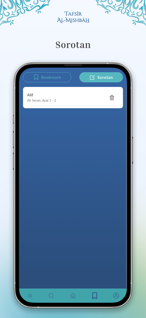 Tafsir Al-Misbah - Tafsir Al-Misbah app interface showing the highlights section with a saved Quranic verse