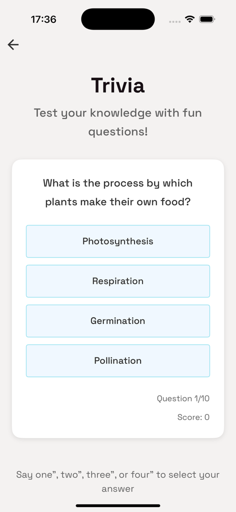 Bee Bee Games - Educational trivia question on Bee Bee Games app with voice command options for hands-free play