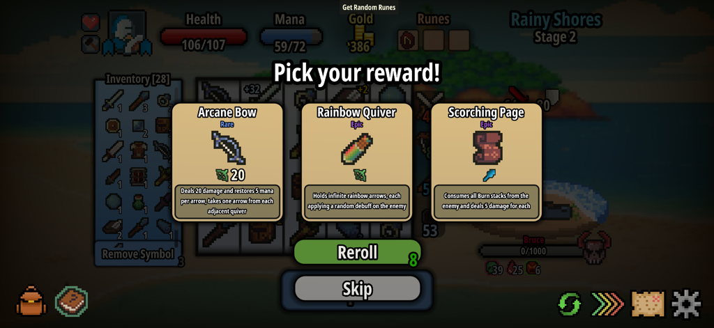 Spin Hero - Pantalla de selección de recompensas en Spin Hero con opciones de Arco Arcano, Cuiver Arcoíris y Página Abrasadora