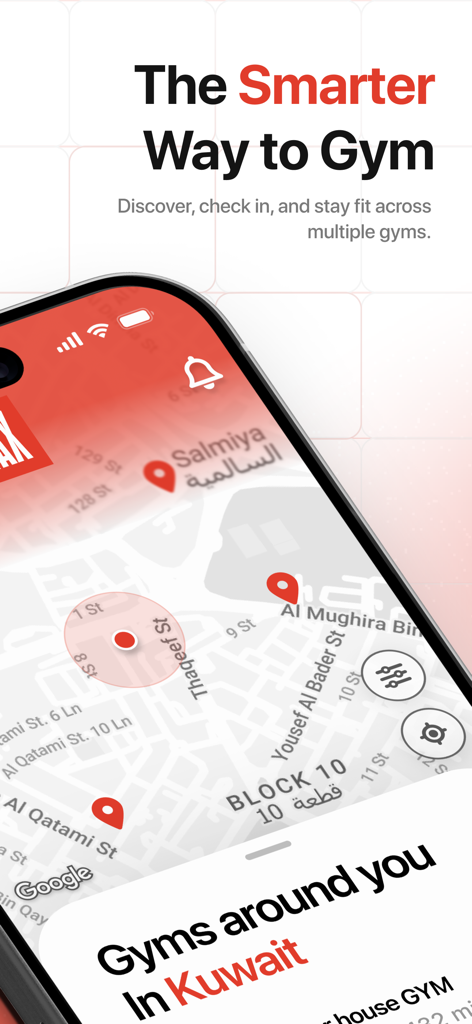 STAX mobile app interface showing a map of nearby gym locations in Kuwait for flexible membership access.