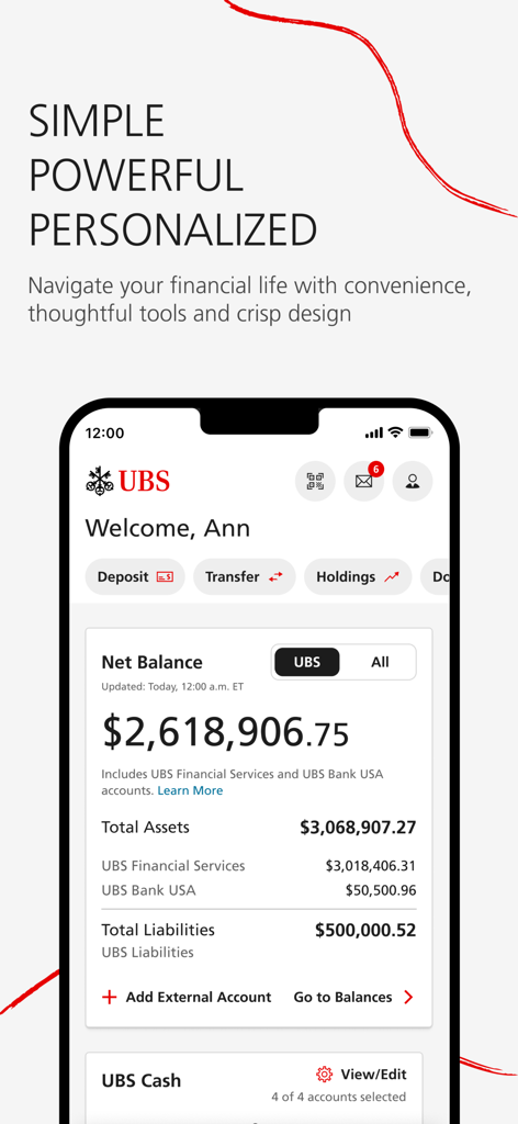 UBS Wealth Management - Interface do aplicativo UBS Wealth Management mostrando o saldo líquido total e os ativos financeiros