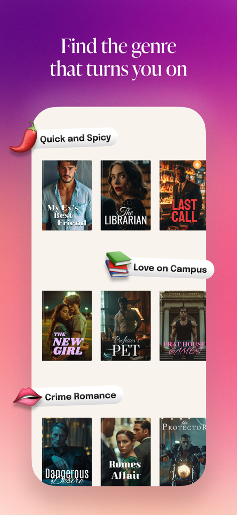 Interface do aplicativo Fate mostrando categorias de histórias de romance como "Rápido e Picante", "Amor no Campus" e "Romance Policial"