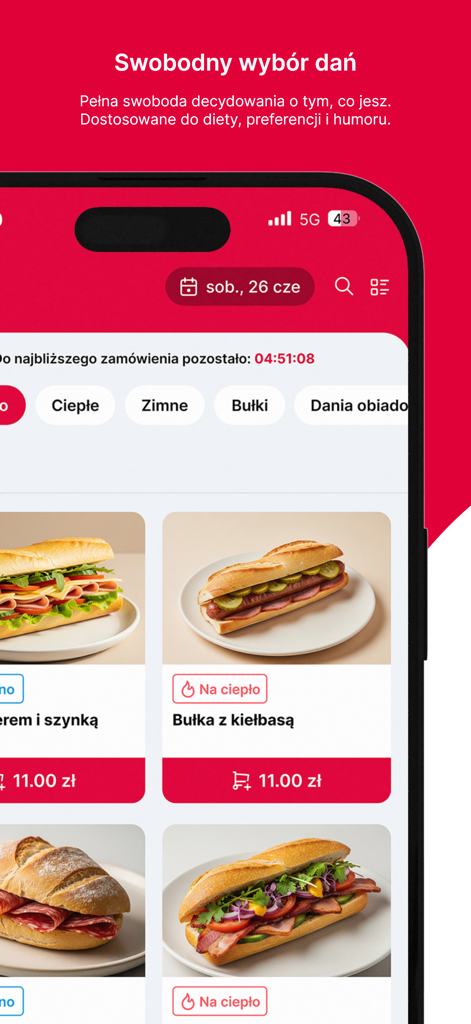 Posilek plus mobile app interface showing various employee meal options and sandwiches with prices