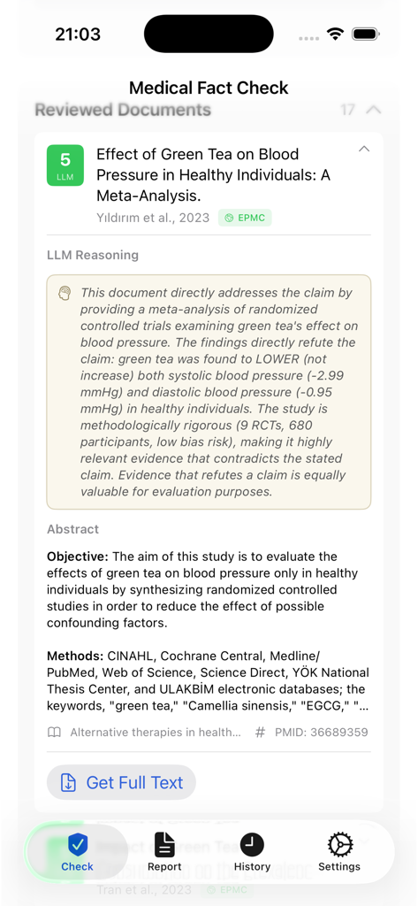 MedicalFactChecker - Review of a medical study on green tea and blood pressure showing LLM reasoning and scientific abstract within the MedicalFactChecker app.