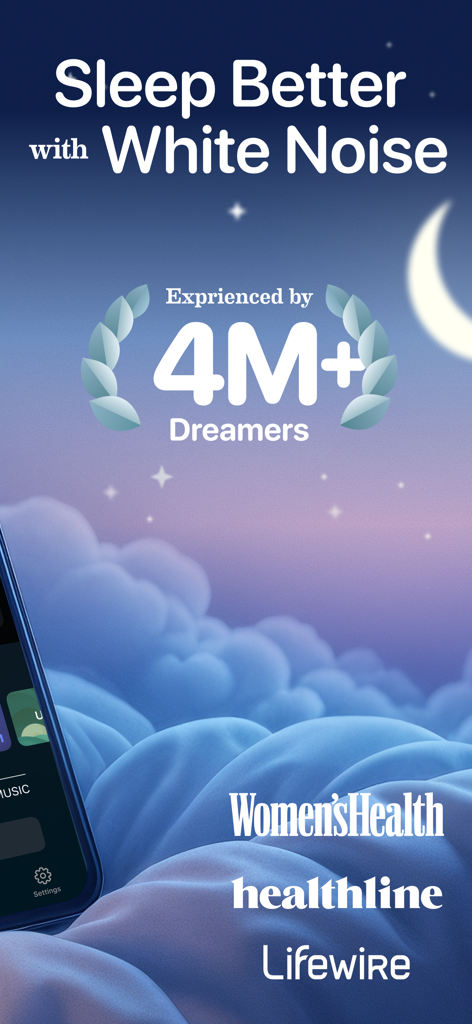 Promotional graphic for Bedtime Fan white noise app featuring media endorsements and a statistic of over four million users.