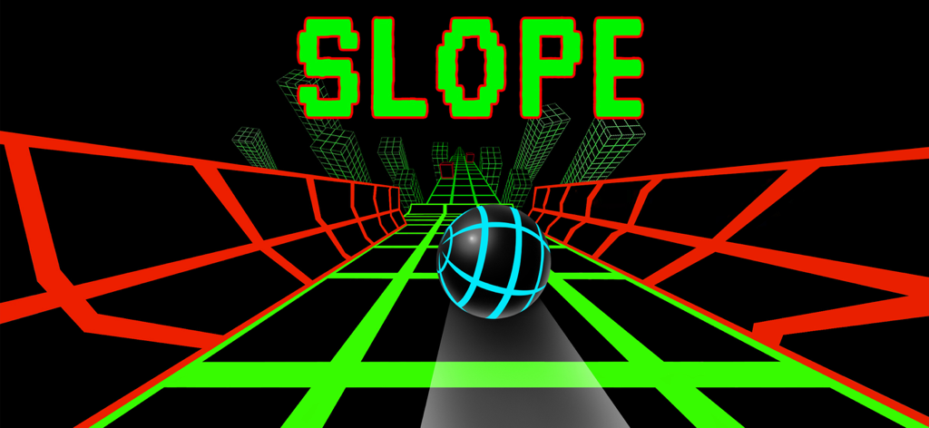 A neon glowing ball rolling down a 3D grid track in the Slope Game