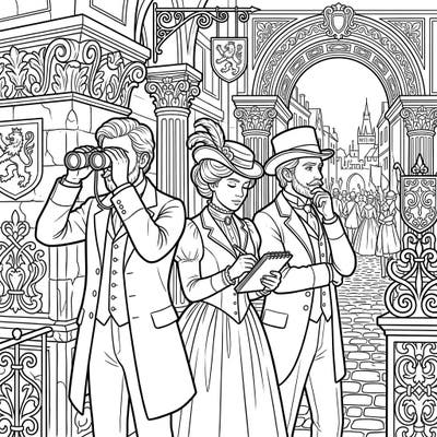Immerse yourself in a fascinating historical moment with this intricate coloring page. Join secret observers as they record an important event from a bygone era.