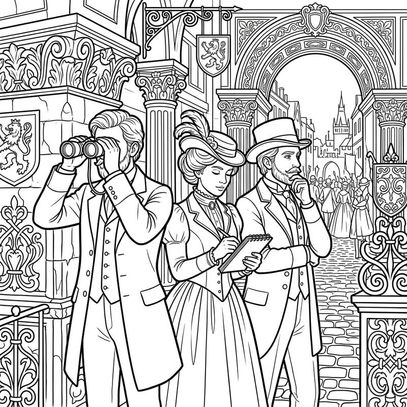 Immerse yourself in a fascinating historical moment with this intricate coloring page. Join secret observers as they record an important event from a bygone era.