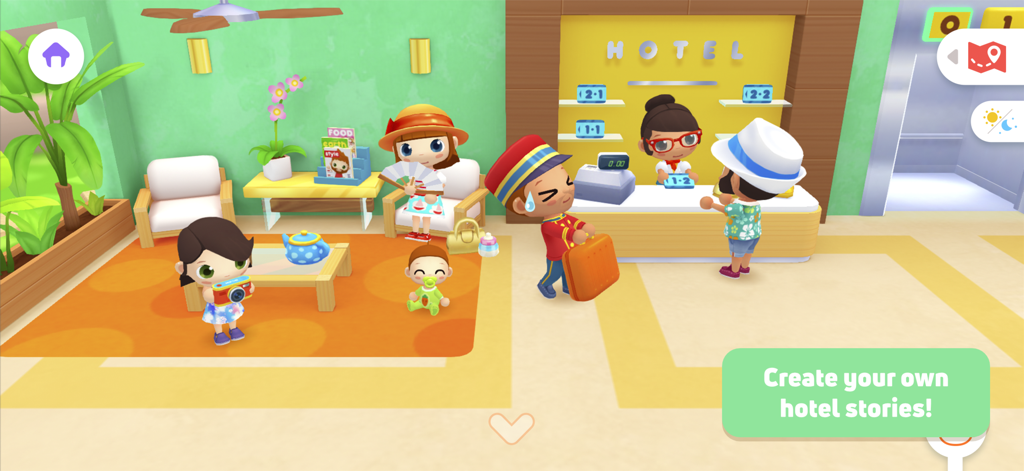 Una colorida escena de recepción de hotel con personajes haciendo el check-in y un botones llevando equipaje.