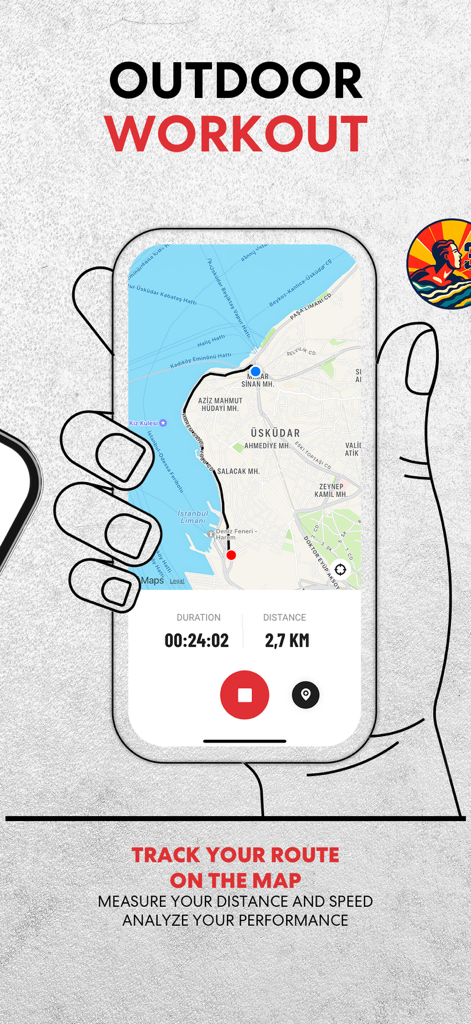A smartphone showing the MAC plus app outdoor workout feature with a map tracking a running route including duration and distance.