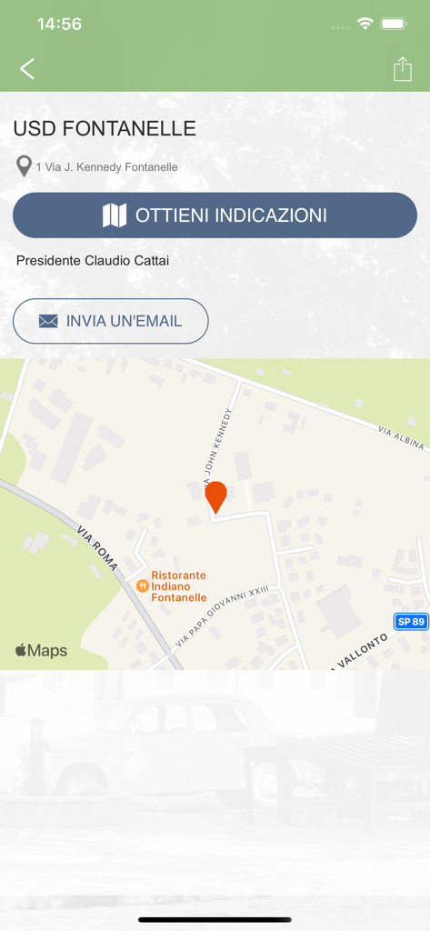 Comune di Fontanelle - Screenshot of the Comune di Fontanelle app showing location details and navigation options for a local point of interest.