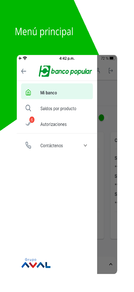 Main menu of the Banco Popular Empresas business banking app showing navigation options.