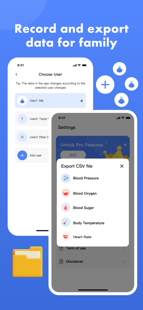 Blood Pressure App-Health Body - Oberfläche der Blutdruck-App, die mehrere Familienbenutzerprofile und die Option zum Exportieren von Gesundheitsdaten als CSV-Datei zeigt