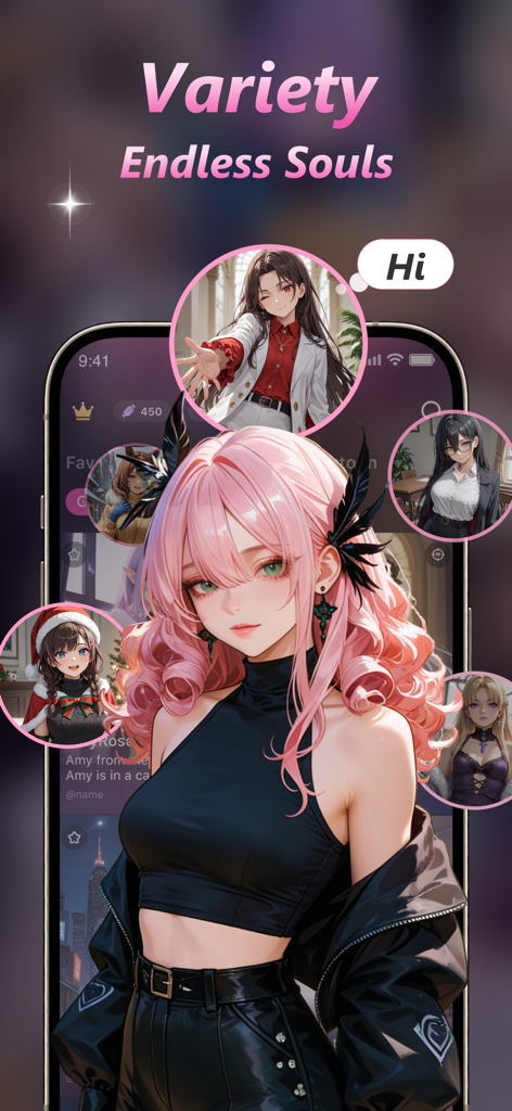 Mobile interface of Chatto app showcasing diverse AI anime characters with the text Variety Endless Souls.