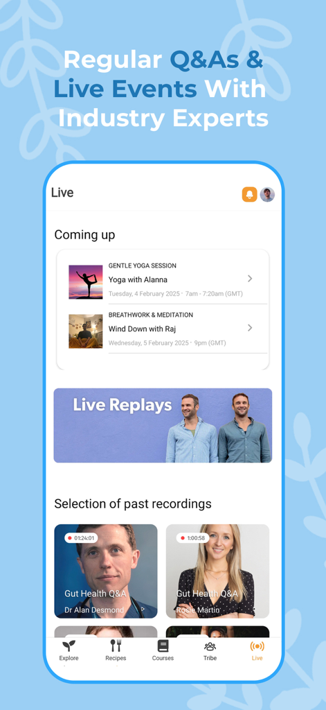 O aplicativo The Happy Pear exibindo sessões ao vivo e eventos de perguntas e respostas com especialistas em bem-estar.