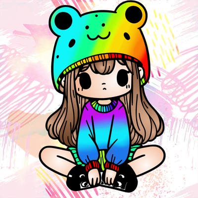 a girl wearing a frog hat and some frog socks