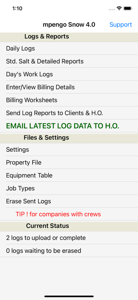 mpengo Snow - Main menu of the mpengo Snow app displaying options for daily logs salt reports billing worksheets and property settings