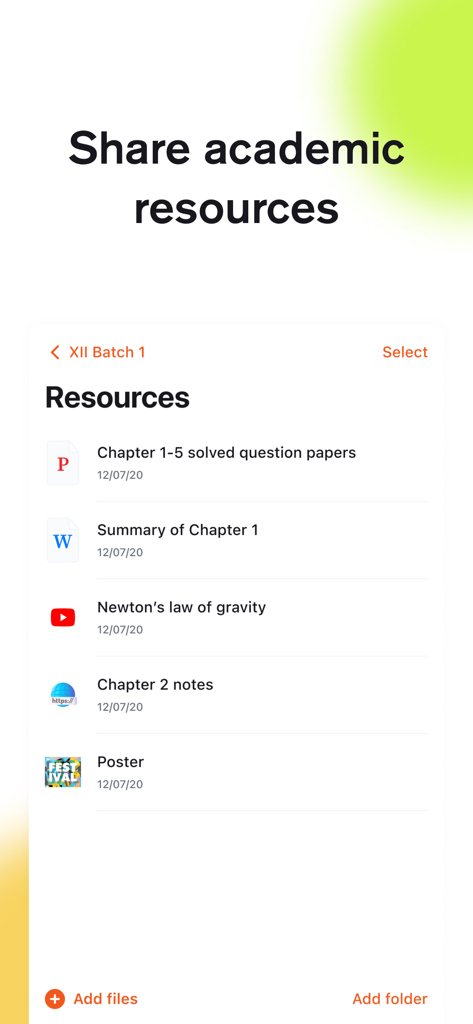Wise app interface showing a list of academic resources including PDFs, Word documents, and YouTube videos for a classroom.