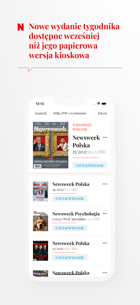 Newsweek Polska - A mobile screen displaying the Newsweek Polska digital archive with various magazine issues available for reading in PDF format.