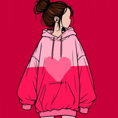 realistic girl with a oversized sweatshirt on and a bun
