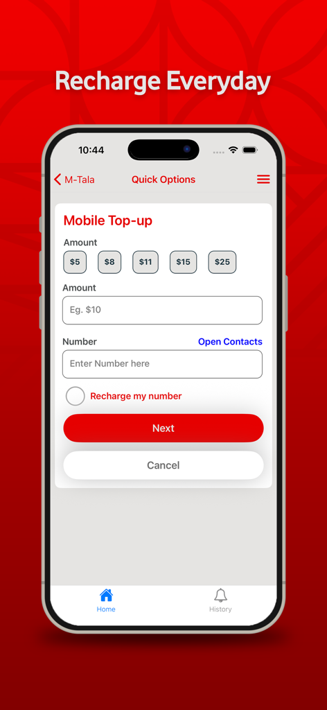 M-Tala - Pantalla de recarga móvil de la aplicación M-Tala que muestra botones de importe de recarga prepago y campo de número de teléfono